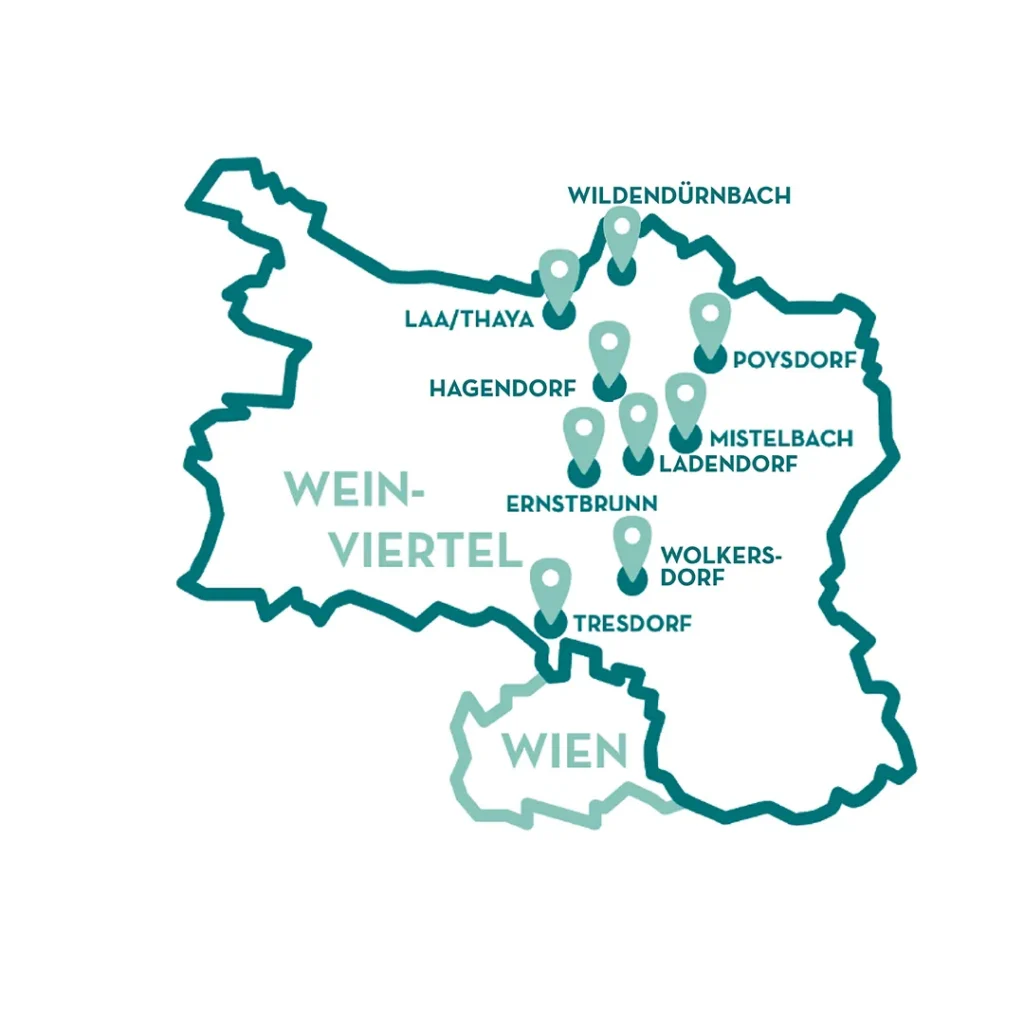 Weinviertel Karte mit Standorte der 24/7 freilich Shops.